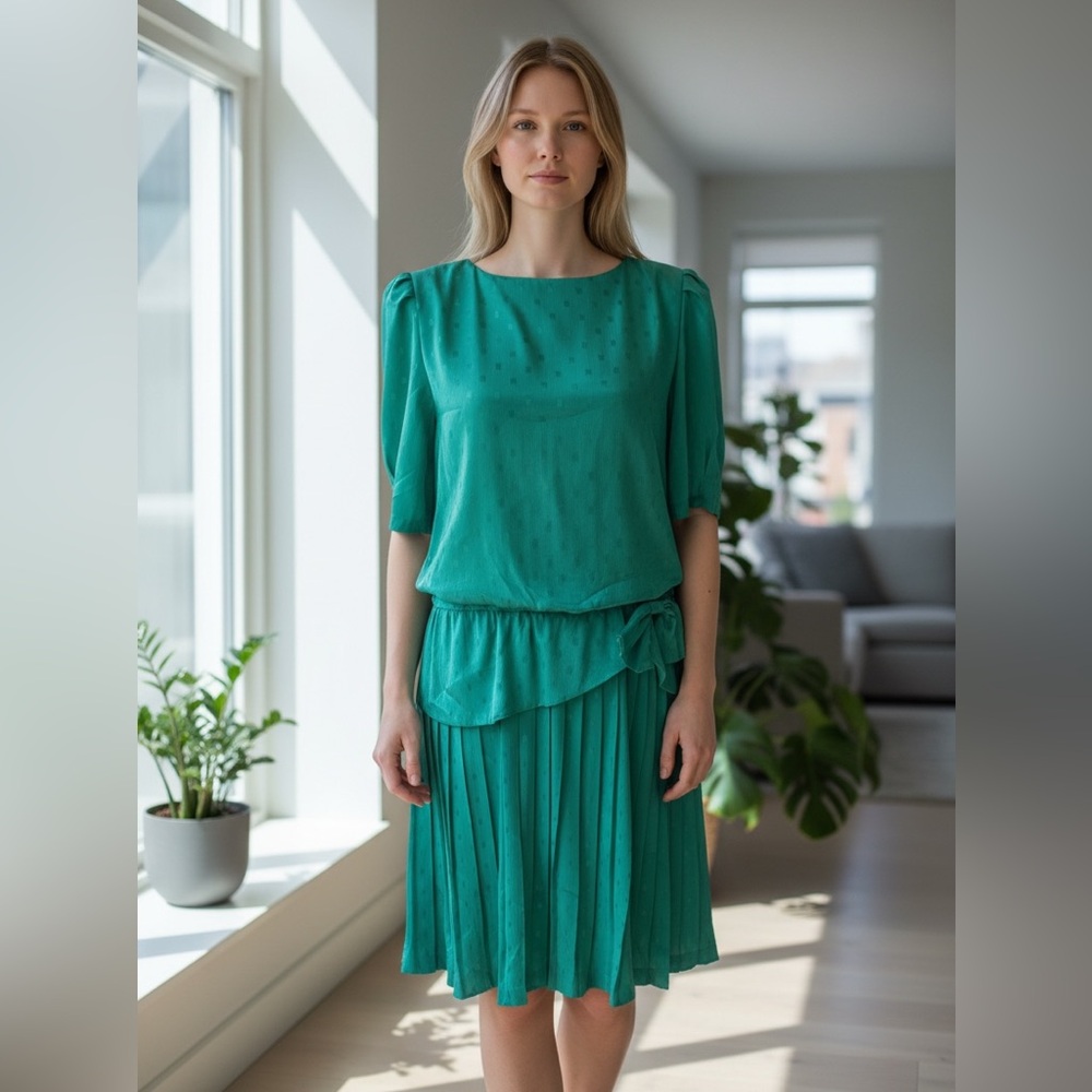 Vintage In The Mood women's teal pleated 3/4 length sleeve midi dress 1980s